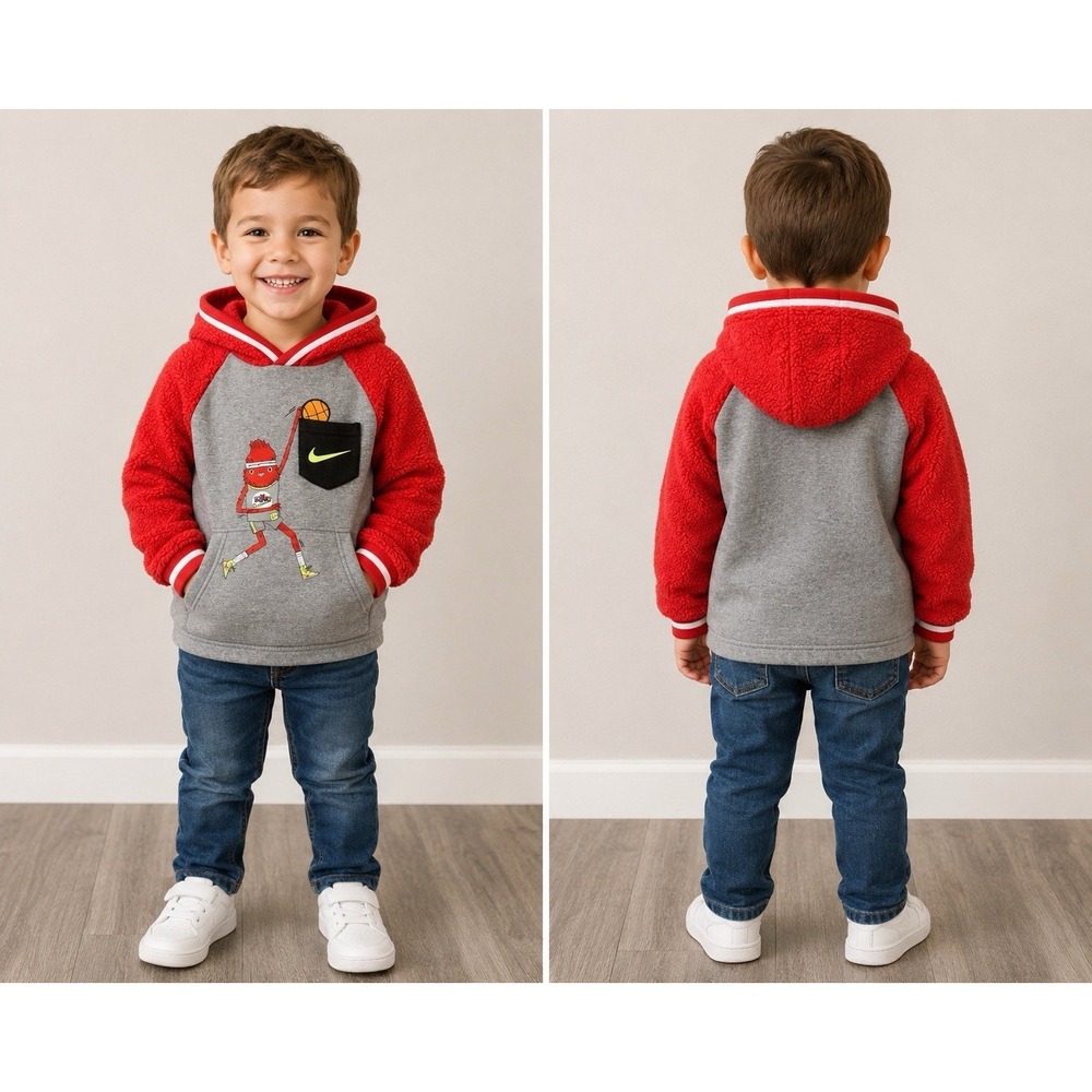 Nike Toddler Boys 4T Red Gray Hooded Pullover Shirt Fleece Sleeves Basketball